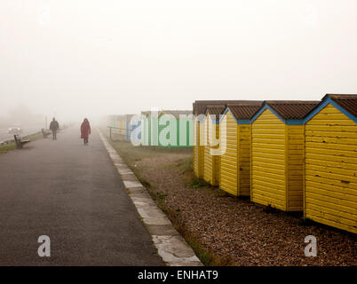 Strandhütten im Morgennebel in Littlehampton West Sussex UK Stockfoto