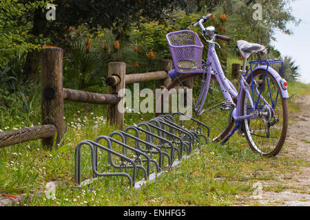 violettes Fahrrad mit Korb und Fahrradverleih in der Nähe von einem hölzernen Zaun in einen Feldweg Stockfoto