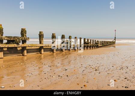 Buhne, oder Wellenbrecher an einem Sandstrand. Stockfoto