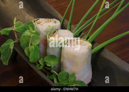 Goi Cuon, vietnamesische frische Frühlingsrollen. Garnelen, Nudeln, Hähnchen, Salat, Ei in durchscheinenden Reis Papier gewickelt. Stockfoto