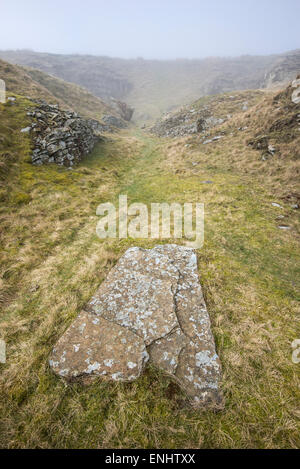 Reste von einem stillgelegten Steinbruch am Cracken Rand in der Nähe von Chinley in Derbyshire. Stockfoto