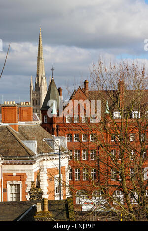 Blick vom Schloss-Hügel in Richtung der Kathedrale von Norwich, Norfolk, England, Vereinigtes Königreich. Stockfoto