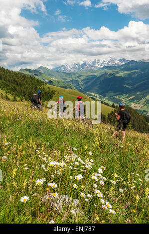 Radfahrer genießen das Panorama der Mont-Blanc & Alpenkette. Beaufortain & Val Arly Region. Département Savoie. Fr Stockfoto