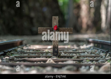 Erinnerung Kreuz und Mohn am Hellfire Pass entlang der Burma-Bahn (Death Railway) Tenasserim Hügel. Thailand Stockfoto