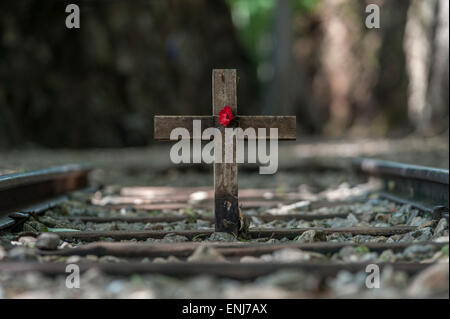 Erinnerung Kreuz und Mohn am Hellfire Pass entlang der Burma-Bahn (Death Railway) Tenasserim Hügel. Thailand Stockfoto