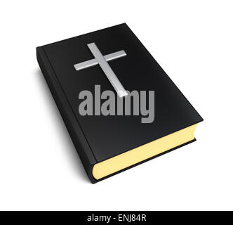 Buch der Bibel und silbernes Kreuz über weiß Stockfoto