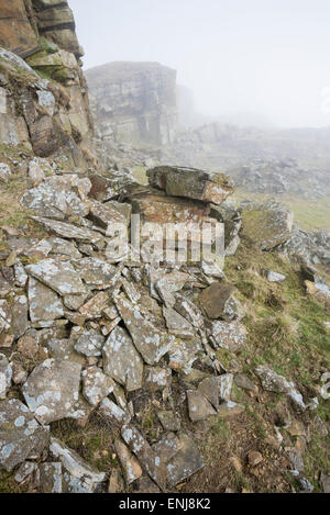 Gefallene Felsen verstreut über am stillgelegten Steinbruch am Cracken Rand in der Nähe von Chinley in Derbyshire. Stockfoto