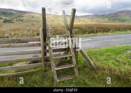 Typische Leiter Stil, über Trockenmauer, Snowdonia-Nationalpark, Gwynedd, Wales, Vereinigtes Königreich. Stockfoto