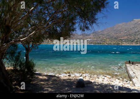 Ansicht von Plaka aus Spinalonga Insel, Lasithi, Elounda, Kreta, Griechenland. Stockfoto