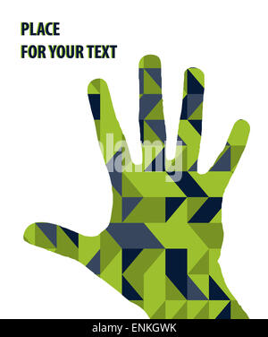 Offene Hand Silhouette auf grüne Dreiecke Hintergrund Stockfoto