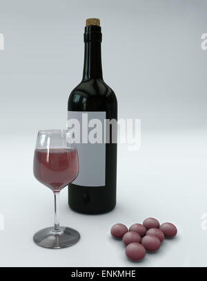 Flasche Rotwein und Glas mit Weintrauben auf grauem Hintergrund Stockfoto