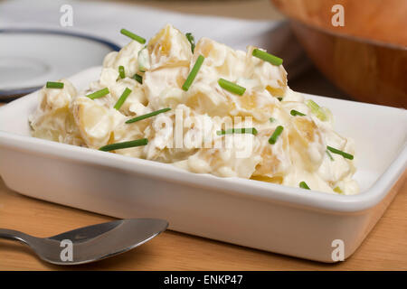 Kartoffelsalat mit Babykartoffeln, Zwiebeln, Mayonnaise und mit Schnittlauch bestreut Stockfoto