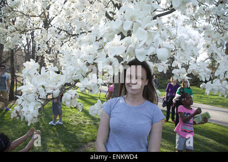 Porträt einer 31-jährigen Frau unter den blühenden Magnolien im Brooklyn Botanic Garden, NYC. Stockfoto