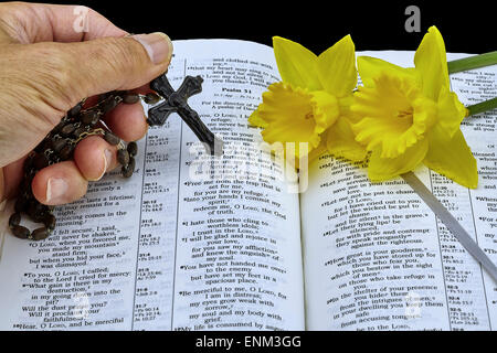 Mann hält Vintage Rosenkranz mit Kruzifix über aufgeschlagene Bibel mit Psalmen und gelbe Ostern Narzissen als Symbol für Leben Stockfoto