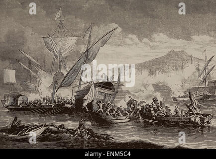 Schlacht von Lepanto - Schlacht von Lepanto fand am 7 Oktober 1571 als eine Flotte der Heiligen Liga, eine Koalition der Europäischen katholischen maritime Südstaaten, angeführt von Spanien entscheidend die Flotte des Osmanischen Reiches am nördlichen Rand des Golfs von Korinth aus Westgriechenland besiegt. Stockfoto