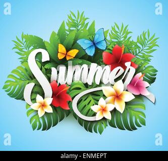 Inschrift Sommer. Vektor-Illustration mit tropischen Pflanzen und Blumen EPS 10 Stock Vektor