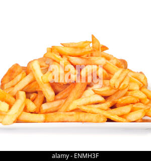 ein Haufen von leckeren Pommes Frites auf einem weißen Hintergrund Stockfoto