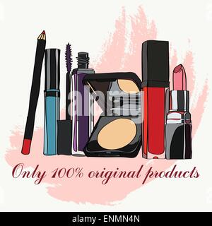 Kosmetik - Lippenstift, Lipgloss, Puder, Wimperntusche Tierkörpern, Schatten, Bleistift und Nagellack. Vektor-Illustration für promo Stock Vektor