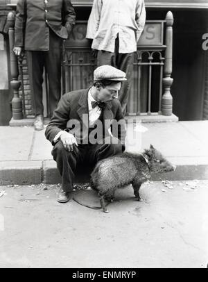 Der U.S.-Amerikanische Schauspieler Buster Keaton (1895-1966) Spielt Auf der Straße Mit Einem Jungen Wildschwein, ca in Den 1930 Stockfoto