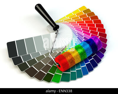 Walze Pinsel und Farbe Guide-Palette in Regenbogenfarben. 3D Stockfoto