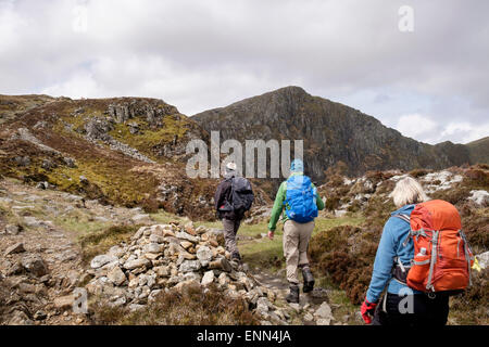 Drei Wanderer auf minffordd Pfad bis zu Craig Cau auf Cadair Idris (Cader Idris) Bereich Berg im Süden Snowdonia National Park (Eryri) Wales UK Stockfoto