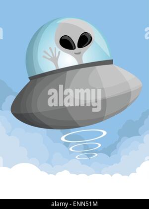 Niedlichen Cartoon UFO am Himmel Stock Vektor