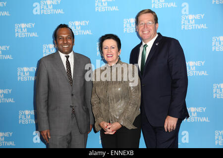 Sydney, Australien. 6. Mai 2015. Start der 62. Sydney Film Festival, L-r: Nashen Moodley, Clover Moore und Troy Grant. Stockfoto