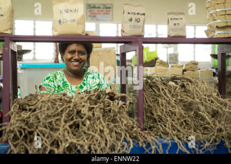 Kava-Verkäufer. Suva Obst und Vegatable Markt. Suva, Fidschi. Stockfoto