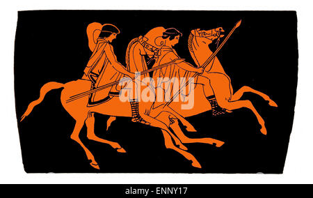 Antike griechische Terrakotta-Vase, Reiter auf Pferden mit Speeren. Isoliert auf weiss. Stockfoto