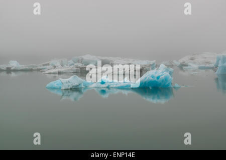 Ein Eisberge spiegeln sich in stehenden Gewässern auf nebliger Tag am Jökulsárlón Eis Lagune, Island. Stockfoto