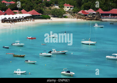 St Barth, St. Barts, Saint-Barthélemy, Französische Antillen, Französische Antillen: Panoramablick auf das Karibische Meer an den Strand und die Bucht von Saint Jean Stockfoto