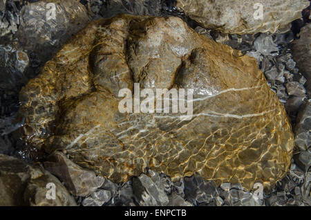 Ganz erstaunlich, diese bunte Mischung von Steinen, Wellen, Reflexionen und Schatten, wann gehen Sie auf dem flachen Fluss Weißach. Stockfoto