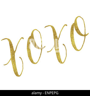 XOXO Liebe Gold Faux Folie Metallic Glitter inspirierende Umarmungen und Küsse Zitat Isolated on White Background Stockfoto