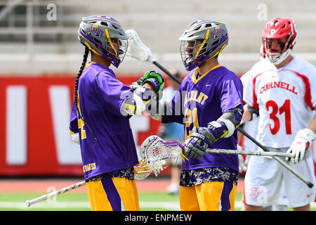 Ithaca, New York, USA. 9. Mai 2015. Albany Doggen Attackmen Lyle Thompson (4) und Seth Oakes (21) feiern ein Ziel während des NCAA Turniers ersten Runde Spiel zwischen Albany-Doggen und die Cornell Big Red bei Schoellkopf Field in Ithaca, New York. Albany besiegt Cornell 19-10. Rich Barnes/CSM/Alamy Live-Nachrichten Stockfoto