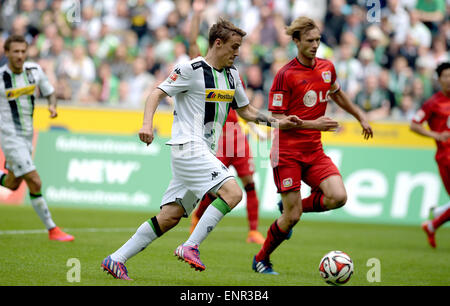 Mönchengladbach, Deutschland. 9. Mai 2015. Gladbach Max Kruse (L) und Leverkusens Simon Rolfes wetteifern um den Ball in der deutschen Bundesliga-Fußballspiel zwischen Borussia Moenchengladbach und Bayer Leverkusen im Borussia-Park in Mönchengladbach, Deutschland, 9. Mai 2015. Gladback gewann 3: 0. Foto: FEDERICO GAMBARINI/Dpa/Alamy Live News Stockfoto