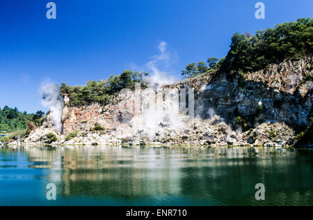 Dampf steigt aus den Thermalquellen des Crater Lake in Rotomahana, Neuseeland Stockfoto