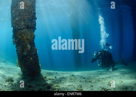 Unterwasser-Fotograf während der Aufnahme eines Bildes unter dem Steg von Ambon, umgeben von schönen Sonnenstrahlen Stockfoto