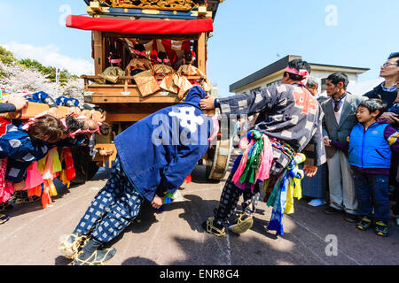 Ein Team von Männern, die sich bemühen, einen massiven Dashi, Yama, Holzwagen zu schieben, umgeben von Massen von Touristen, die das Frühlingsfest von Inuyama beobachten Stockfoto