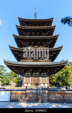 Fünf-stöckige hölzerne Pagode am Kofuku-Tempel in Nara, Japan. Blick aus dem niedrigen Winkel, der nach oben blickt, während er sich gegen einen blauen Himmel erhebt. Stockfoto