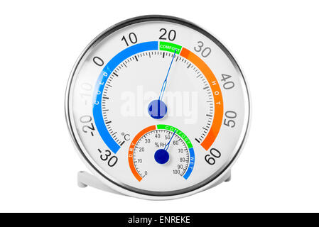 Hygrometer zeigt eine angenehme Temperatur und Luftfeuchtigkeit Stockfoto