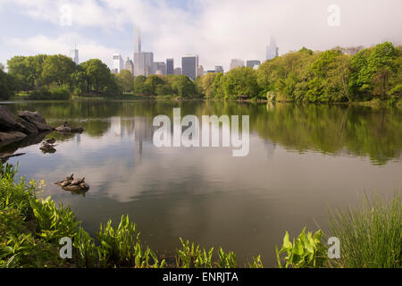 Der See im Central Park an einem nebligen Frühlingsmorgen Stockfoto