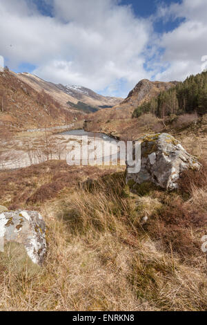 Malerische Foto der schottischen Highlands, mit einem Fluss oder Bach und Steinen im Vordergrund. Stockfoto