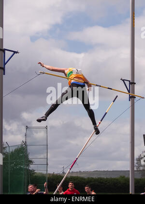 Mike Bartlett konkurriert im Stabhochsprung während der 2015 britischen Leichtathletik Liga Stockfoto