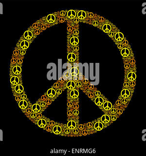 Farbige Peace-Zeichen durch viele kleine Frieden Symbole gebildet. Gelb orange Darstellung auf schwarzem Hintergrund. Stockfoto