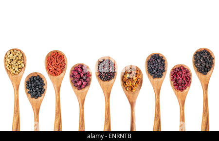 neun gesunde Beere Sammlung (Heidelbeere, Maulbeere, Kirsche, Goji, Holunder, Aronia, Cranberry, Goldenberry) auf Isola getrocknet Stockfoto