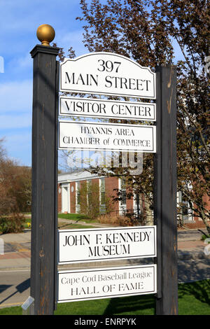 John F Kennedy, JFK Museum in Hyannis Port Massachusetts. Main Street Zeichen. Stockfoto