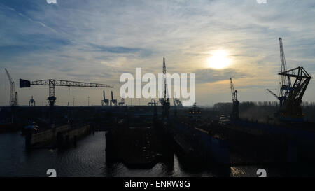 Silhouetten von Kränen und Werft im Gegenlicht, Hafen von Rotterdam, Niederlande Stockfoto