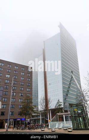 Morgennebel in Rotterdam (Kop van Zuid, KPN-Tower) Erasmusbrücke / Wilhelminaplein, Niederlande Stockfoto