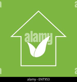 Öko-Haus mit Blättern. Weiß auf grün Stock Vektor