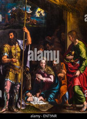 Die Anbetung der Hirten zwischen Saint Longin und John der Apostel 26.09.2013 - Sammlung des 16. Jahrhunderts Stockfoto